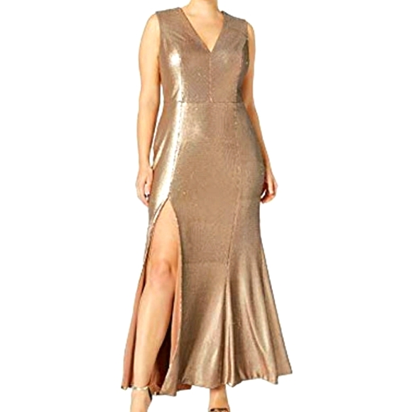 🎉Host Pick🎉NWT Dress The Population bronze High Slit Sequin Gown - Picture 1 of 4